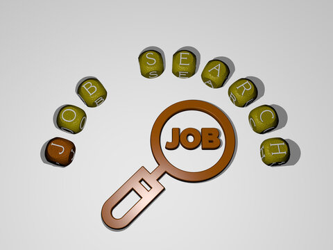 3D illustration of job search graphics and text around the icon made by metallic dice letters for the related meanings of the concept and presentations. business and businessman