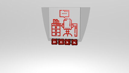 Aufkleber - 3D illustration of DESK graphics and text made by metallic dice letters for the related meanings of the concept and presentations. business and background