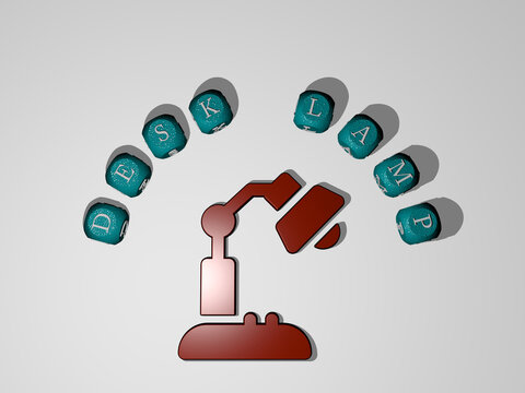 3D illustration of DESK LAMP graphics and text around the icon made by metallic dice letters for the related meanings of the concept and presentations. business and background