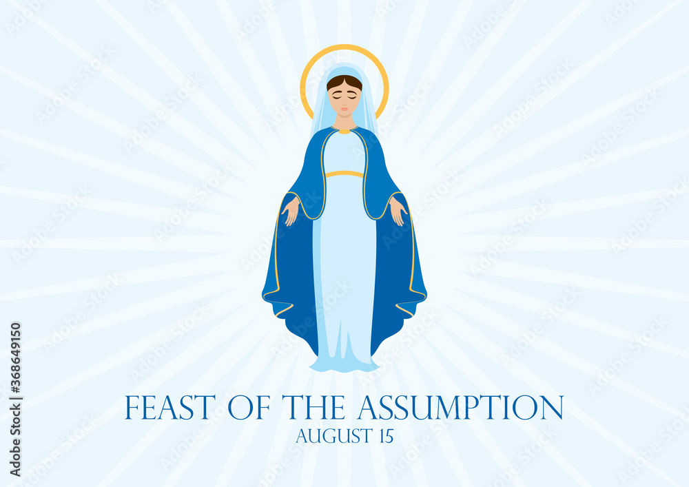 Feast of the Assumption vector. Assumption of Mary vector illustration. Virgin Mary icon vector. Assumption of Mary Poster, August 15. Important day - obrazy, fototapety, plakaty 