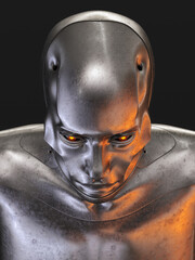 Wall Mural - Steel cyborg head in top view/ Futuristic man 3d rendering on dark background