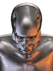 Sticker - Steel cyborg head in top view/ Futuristic man 3d rendering on white background