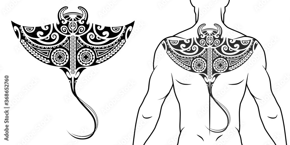 Maori tribal style tattoo pattern with manta ray fit for a back, chest. With example on body. For tattoo studio catalog. - obrazy, fototapety, plakaty 
