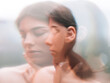 © golubovy - Art portrait. Mind tranquility. Sensual peaceful woman face blur silhouette double exposure. Feminine fragility. Body soul harmony. Spiritual meditation relaxation.