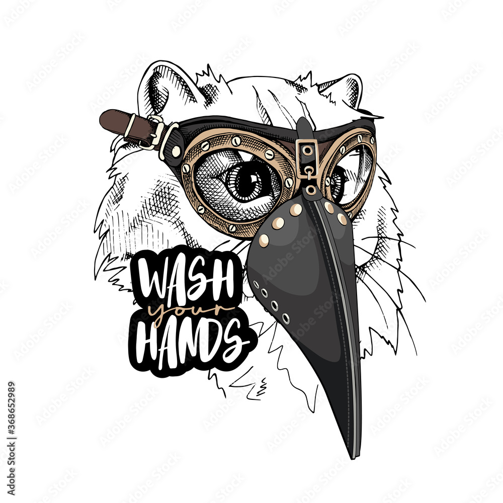 Cat in a Medieval Plague Doctor mask and in a protective glasses. Steampunk Character. Wash your hands - lettering quote. T-shirt composition, hand drawn style print. Vector illustration. - obrazy, fototapety, plakaty 