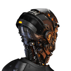 Wall Mural - Sci-fi handsome cyborg head backwards / Futuristic man 3d rendering on white background