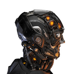 Wall Mural - Semi-transparent handsome cyborg head in profile / Futuristic man 3d rendering on white background