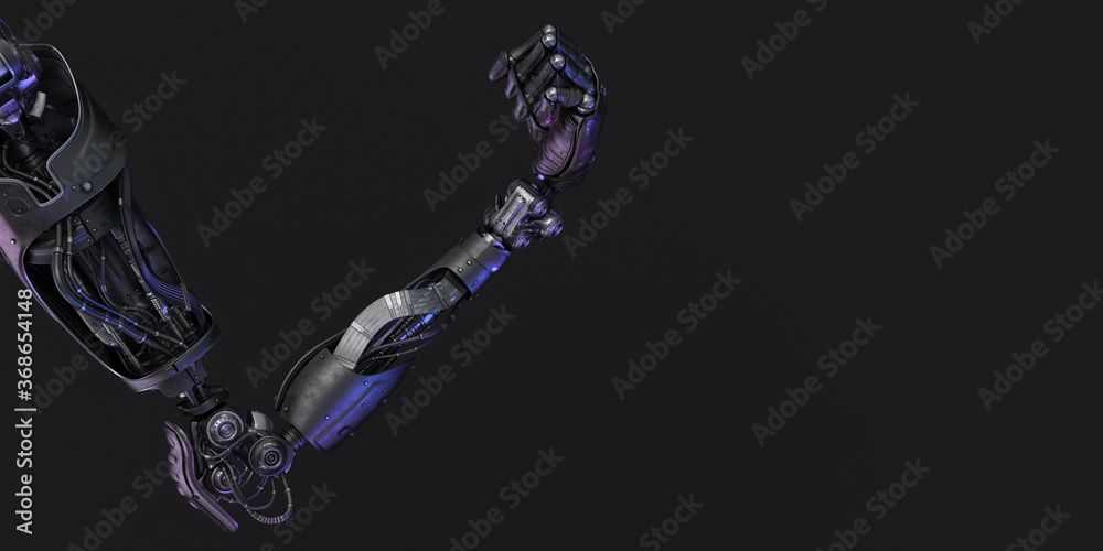 Prosthetic robotic arm with palm in fist, 3d rendering on black background