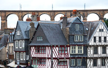 Old Half-timbered Houses And Train Viaduct  In Morlaix, Finistere, Brittany, France. 
