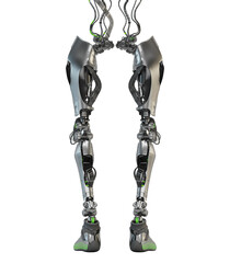 Steel artificial robotic leg parts, 3d rendering on light background
