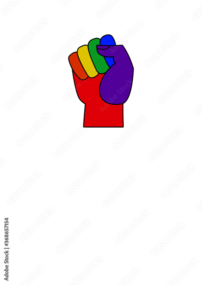 clenched fist, lgbt symbol, rainbow linear drawing isolated on white ...