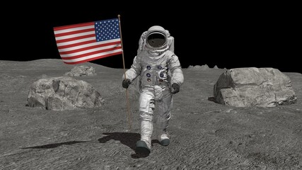Wall Mural - astronaut walking on the moon with american flag. cg animation. some elements of this video furnishe