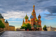 Saint Basil's Cathedral And Red Square In Moscow, Russia. Architecture And Landmarks Of Moscow. Cityscape Of Moscow