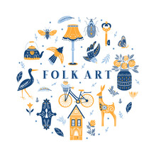 Set Of Folk Art Cliparts In Scandinavian And Nordic Style