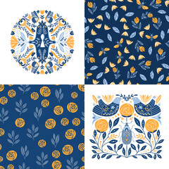 Wall Mural - Set of greeting cards and seamless patterns in Scandinavian, Folk art style