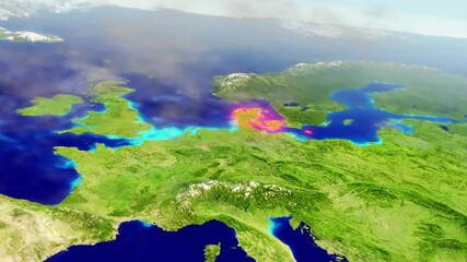 3d cgi map of denmark with mountain relief, depth of field & red glowing borders