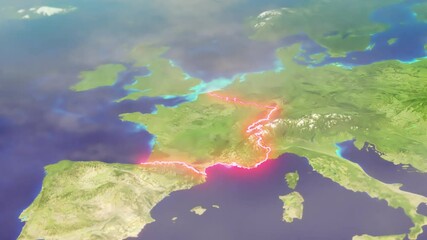 3d cgi map of france with mountain relief, depth of field & french european borders traced with red 