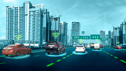 Autonomous car sensor system concept for safety of driverless mode car control . Future adaptive cruise control sensing nearby vehicle and pedestrian . Smart transportation technology .