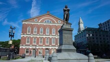 Timelapse Shot Of Faneuil Hall And Samuel Adams Statue Wide Shot