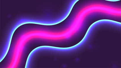Wall Mural - cyberpunk neon backdrop. bright wavy pink light on dark purple background. thin blue glow. abstract 