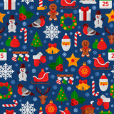 Fototapeta Pokój dzieciecy - Seamless Pattern with Christmas Flat Icons. Vector Illustration. Christmas Tree and Snowflakes, Santa Claus, Candy Cane, Gifts for Winter Holidays Design. Wrapping Paper Texture.