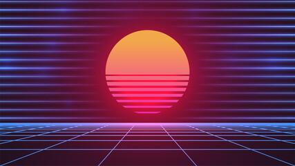 Wall Mural - synthwave sun. 80s grid background. retro future advertisement banner template. retrowave neon backd