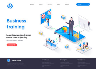 Aufkleber - Business training isometric landing page. Business education, career development course, motivation and mentoring isometry web page. Website flat template, vector illustration with people characters.
