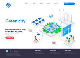Fototapete - Green city isometric landing page. Ecology conservation and safety, renewable resources end green energy technology isometry web page. Website flat template, vector illustration with people characters