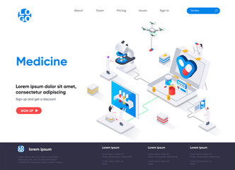 Medicine isometric landing page. Modern diagnostics and treatment in clinic, laboratory examination and health care isometry web page. Website flat template, vector illustration with people characters