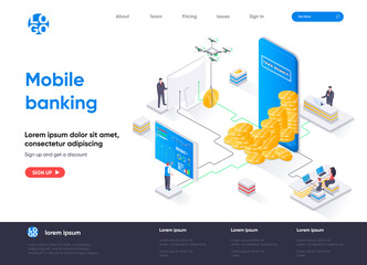 Leinwandbilder - Mobile banking isometric landing page. Mobile application for financial management, online payment and accounting isometry web page. Website flat template, vector illustration with people characters.