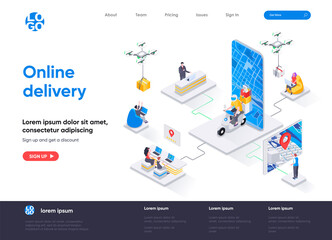 Poster - Online delivery isometric landing page. Express delivery service, global shipping, online order and tracking isometry web page. Website flat template, vector illustration with people characters.