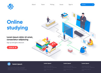 Leinwandbilder - Online studying isometric landing page. Distance learning, online education, professional seminars and courses isometry web page. Website flat template, vector illustration with people characters.
