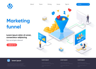 Poster - Marketing funnel isometric landing page. Marketing research and strategy planning, attraction of new customers isometry web page. Website flat template, vector illustration with people characters.