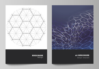 Poster - Vector layout of A4 format cover mockups design templates for brochure, flyer. Digital technology and big data concept with hexagons, connecting dots and lines, polygonal science medical background.