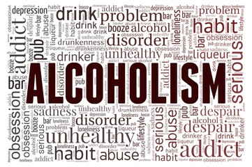 Alcoholism word cloud isolated on a white background. 