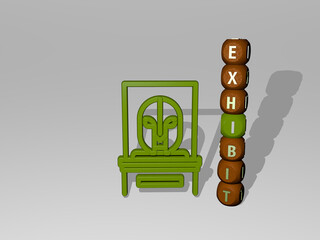 Aufkleber - 3D illustration of exhibit graphics and text around the icon made by metallic dice letters for the related meanings of the concept and presentations. museum and editorial