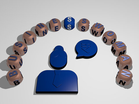 3D illustration of businesswoman graphics and text around the icon made by metallic dice letters for the related meanings of the concept and presentations. office and adult