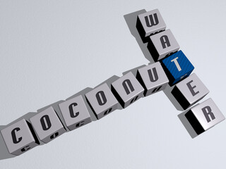 Poster - crosswords of coconut water arranged by cubic letters on a mirror floor, concept meaning and presentation. background and beach