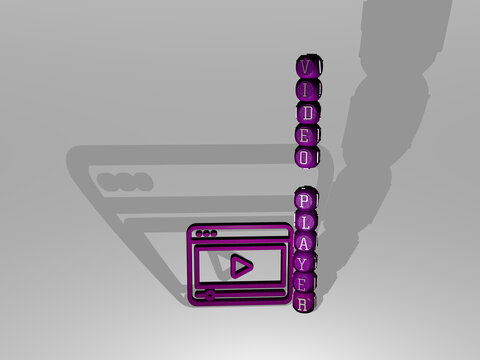 3D illustration of video player graphics and text around the icon made by metallic dice letters for the related meanings of the concept and presentations. background and camera