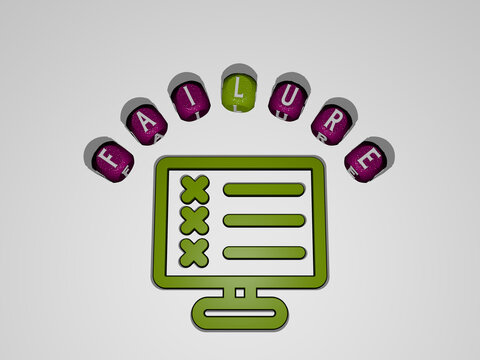 3D illustration of FAILURE graphics and text around the icon made by metallic dice letters for the related meanings of the concept and presentations. business and background