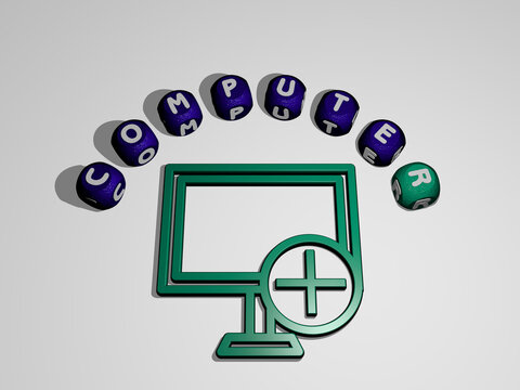 3D illustration of COMPUTER graphics and text around the icon made by metallic dice letters for the related meanings of the concept and presentations. business and background