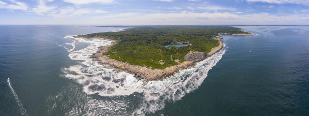 Halibut Point State Park and grainy quarry aerial view panorama and the coast aerial view in town of Rockport, Massachusetts MA, USA.