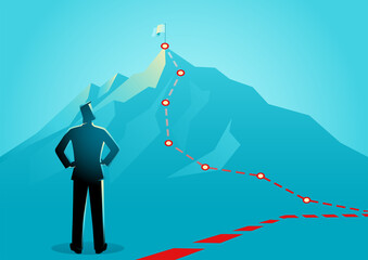 Businessman looking the red lines which leading to the top of a mountain