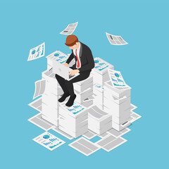 Aufkleber - isometric businessman working with laptop on the piles of papers and documents