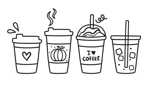 Fototapete - Cute vector illustration of hot and iced coffee to go cup doodle.