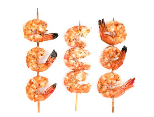 roasted peeled prawn with skewer isolated on white background ,grilled shrimp