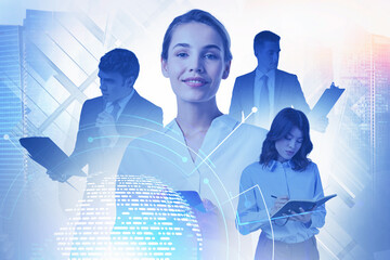 Poster - Business team in city, network interface