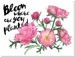 Wall Mural - Beautiful flowers composition and Bloom where are you planted quote. Vector flower patch embroidery in watercolor style. Vintage beautiful floral card on white wallpaper background.