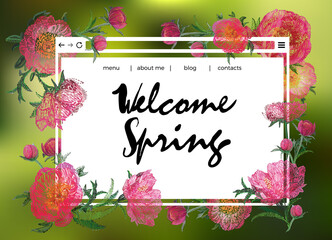 Wall Mural - Spring web site composition design: Flowers blossom, Peony beautiful flower bouquet, welcome spring quote. Vector flower patch embroidery in watercolor style. Vintage floral card on green background.