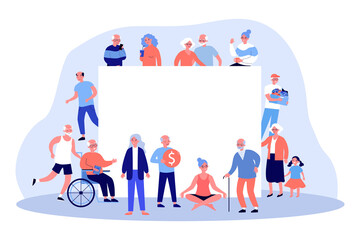 Wall Mural - Senior people around blank banner. Crowd of grey haired men and women, old couple flat vector illustration. Retirement, elderly age concept for banner, website design or landing web page